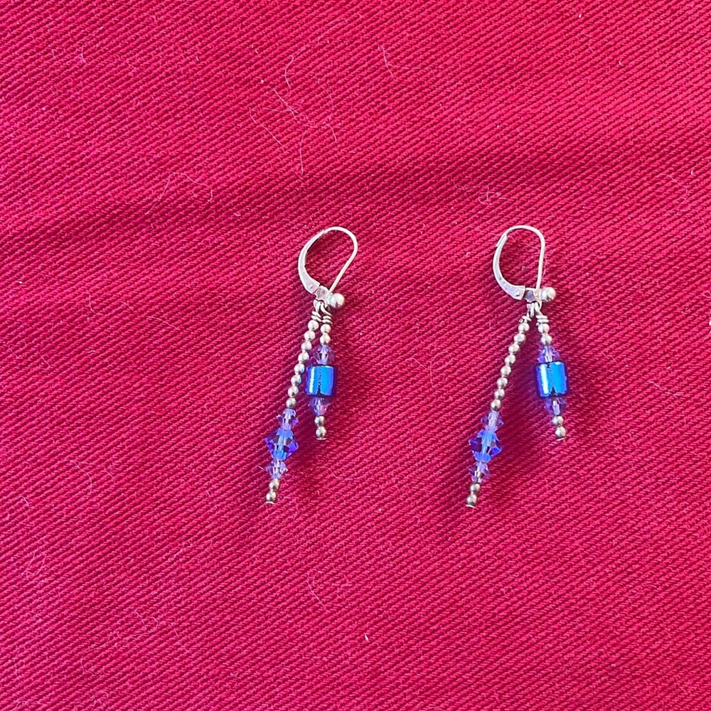 925 Silver Very Sturdy Blue Purple Crystal Drop Dangle Earrings,